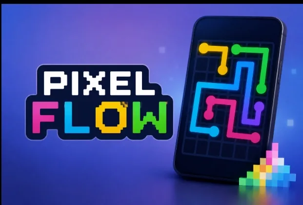 Pixel Flow puzzle game graphic featuring colorful connected paths on a smartphone with the Pixel Flow logo.