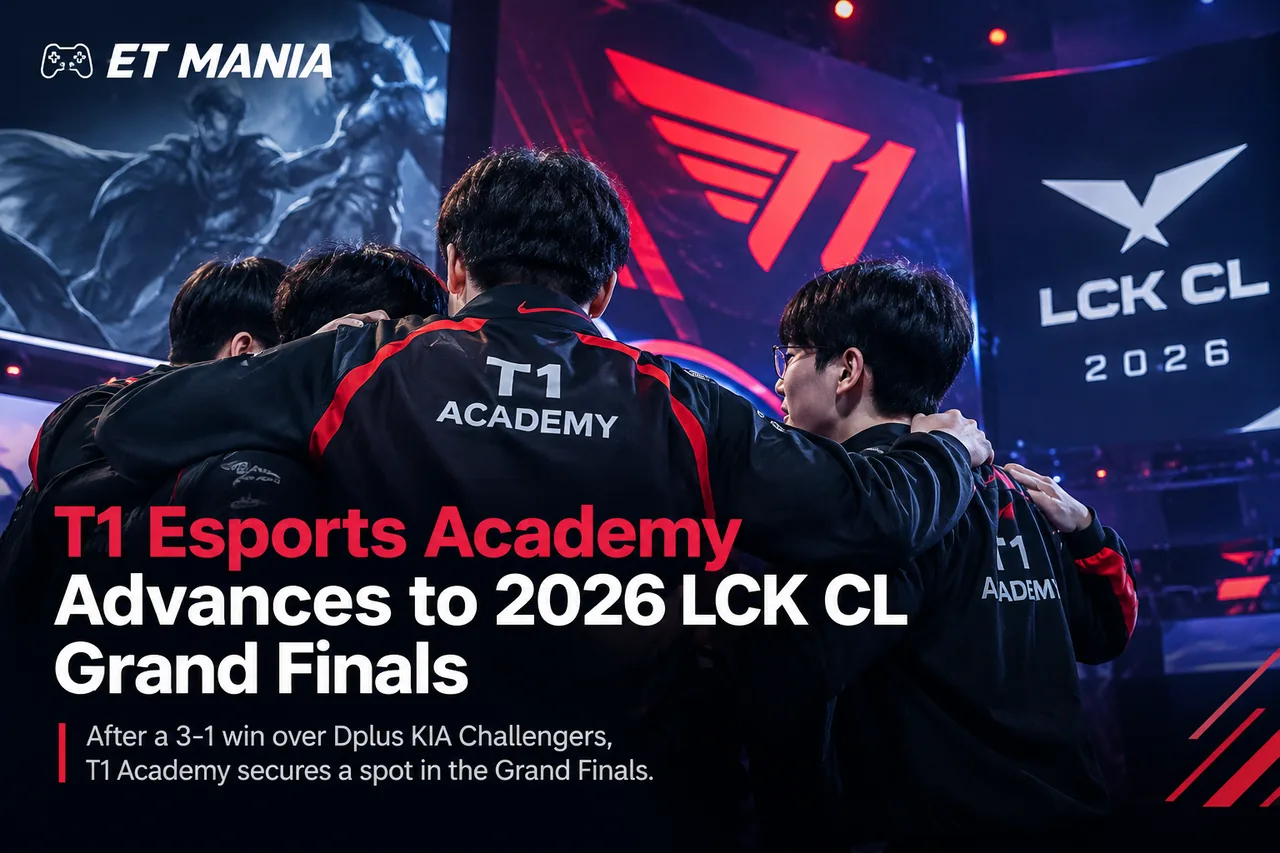T1 Esports Academy players celebrate after advancing to the 2026 LCK CL Grand Finals following a 3-1 win over Dplus KIA Challengers.