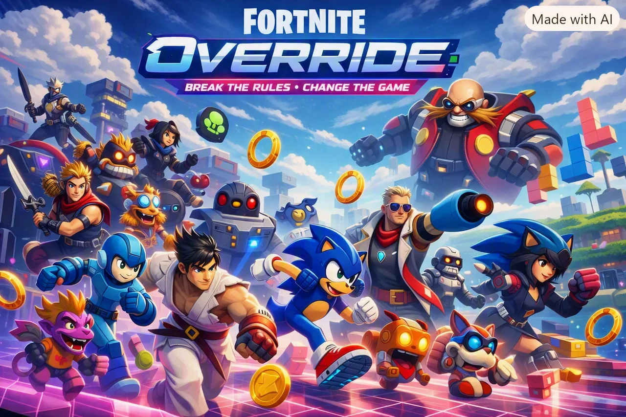 Fortnite Override season featuring Sonic the Hedgehog and characters from various gaming franchises