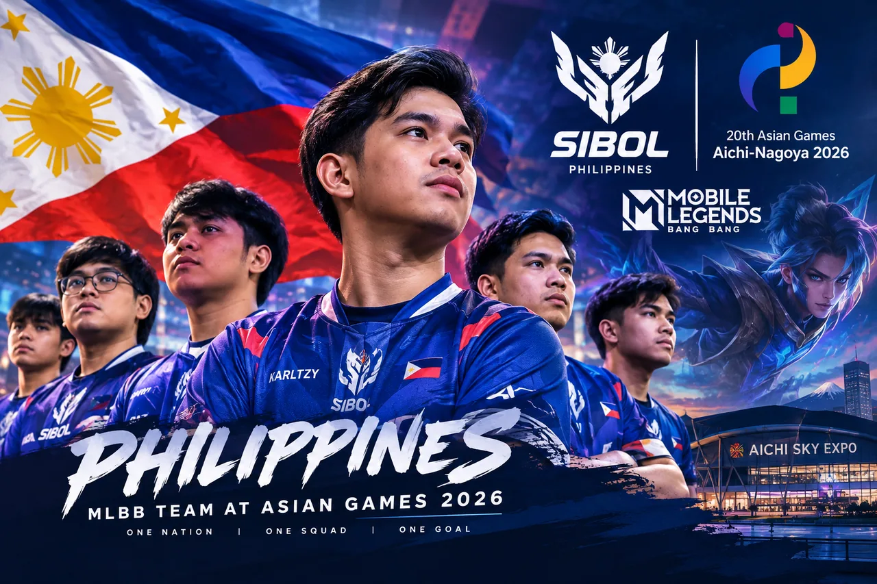 SIBOL Philippines MLBB team preparing for the 2026 Asian Games, with KarlTzy at the center and the Philippine flag in the background.
