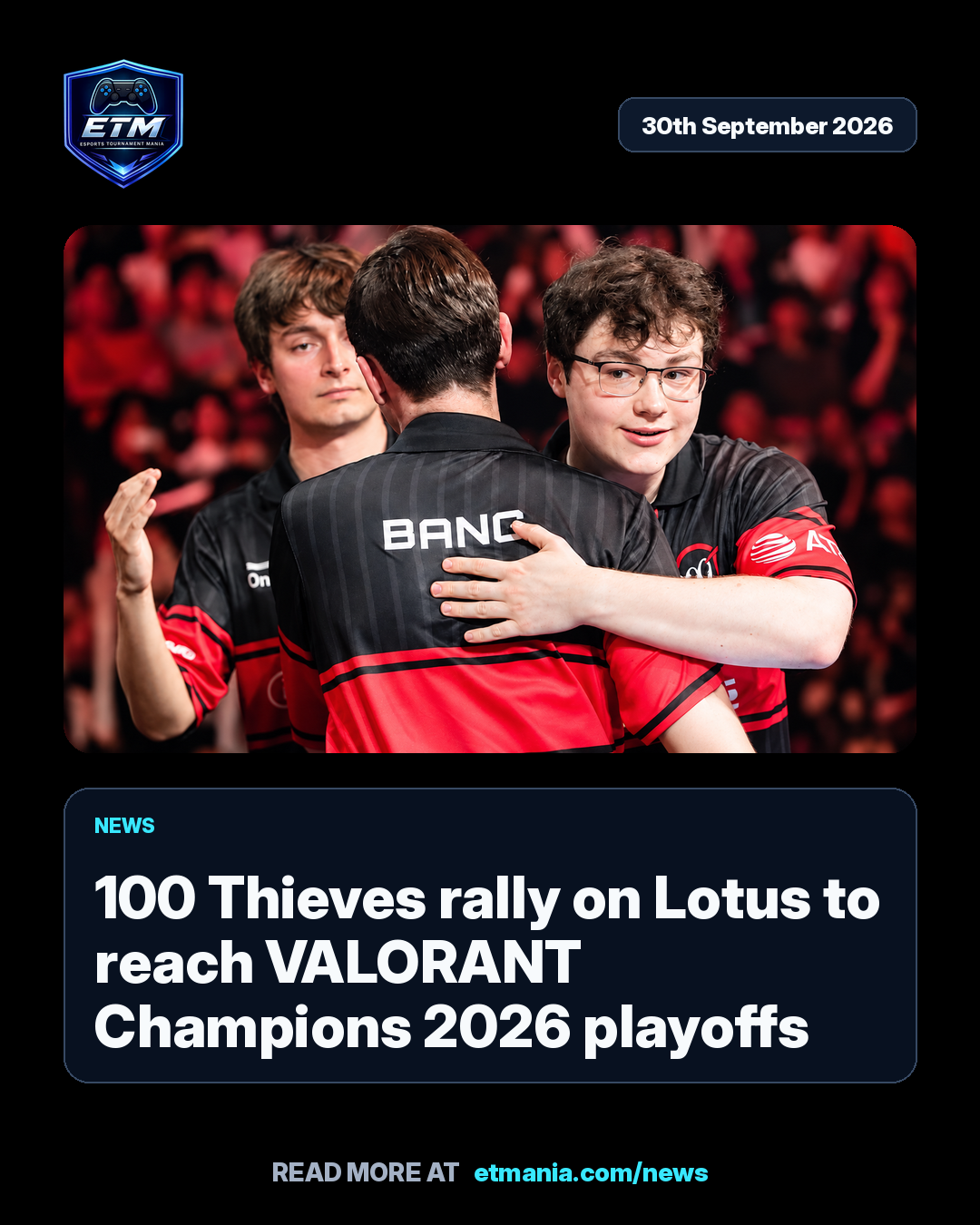 ETM share card preview for 100 Thieves rally on Lotus to reach VALORANT Champions 2026 playoffs