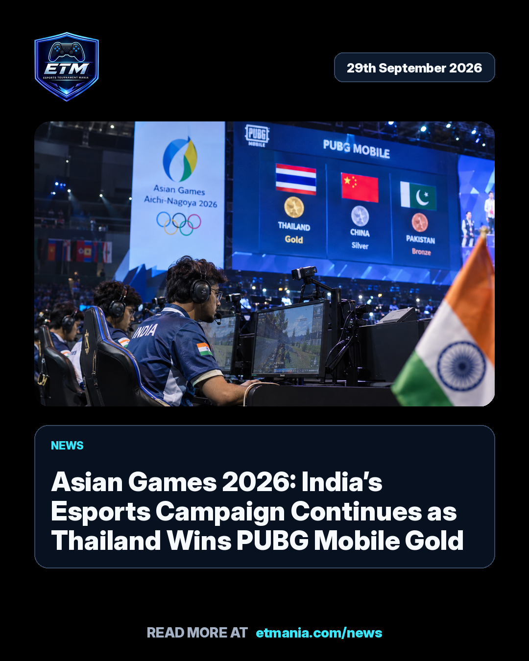 ETM share card preview for Asian Games 2026: India’s Esports Campaign Continues as Thailand Wins PUBG Mobile Gold