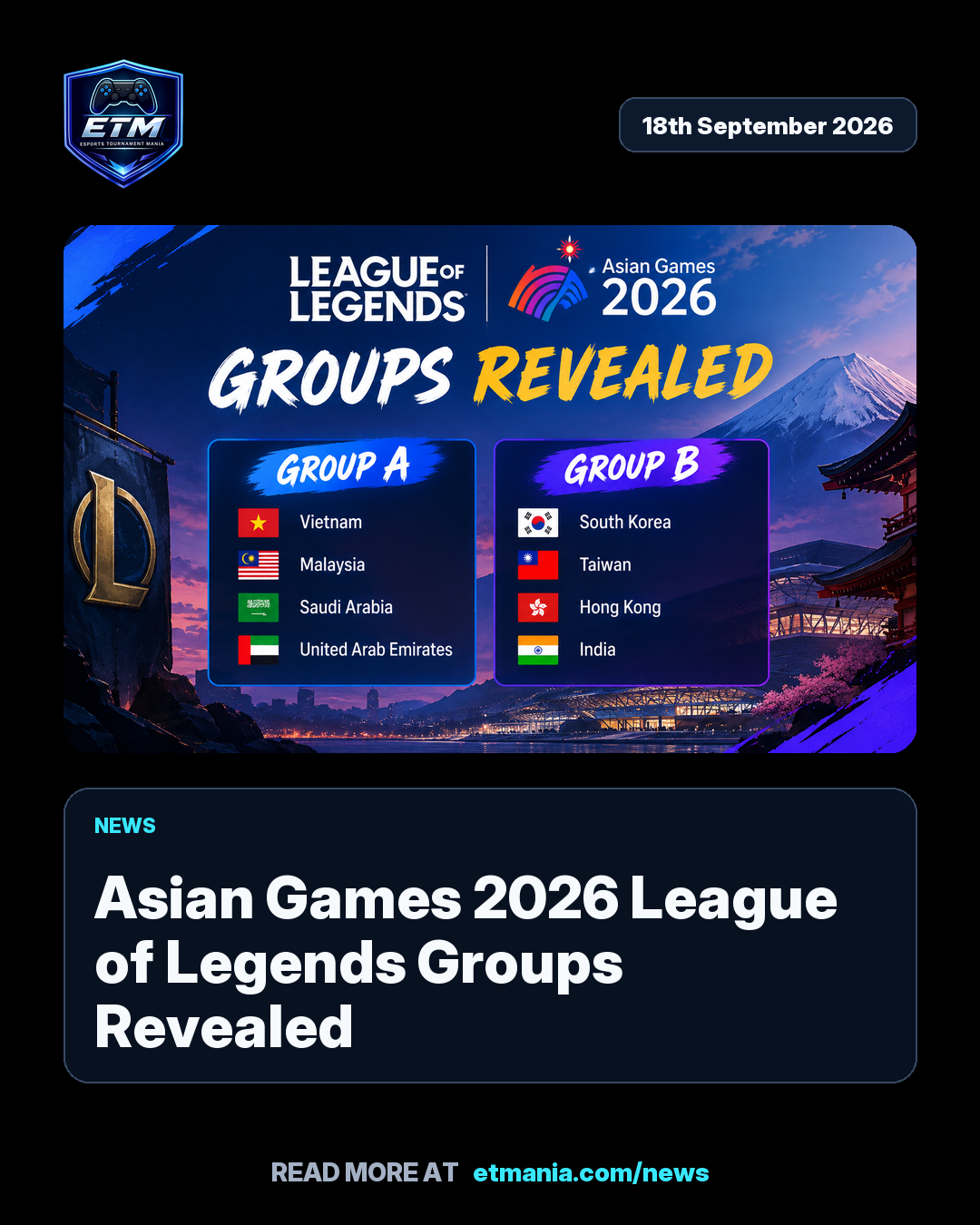 ETM share card preview for Asian Games 2026 League of Legends Groups Revealed
