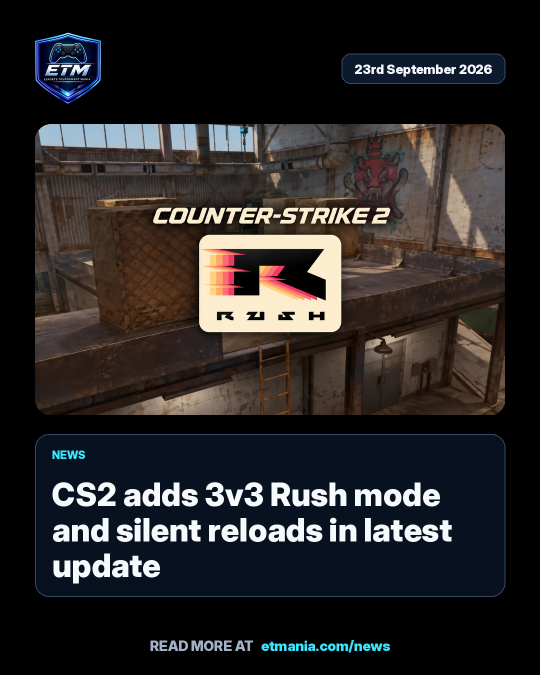 ETM share card preview for CS2 adds 3v3 Rush mode and silent reloads in latest update