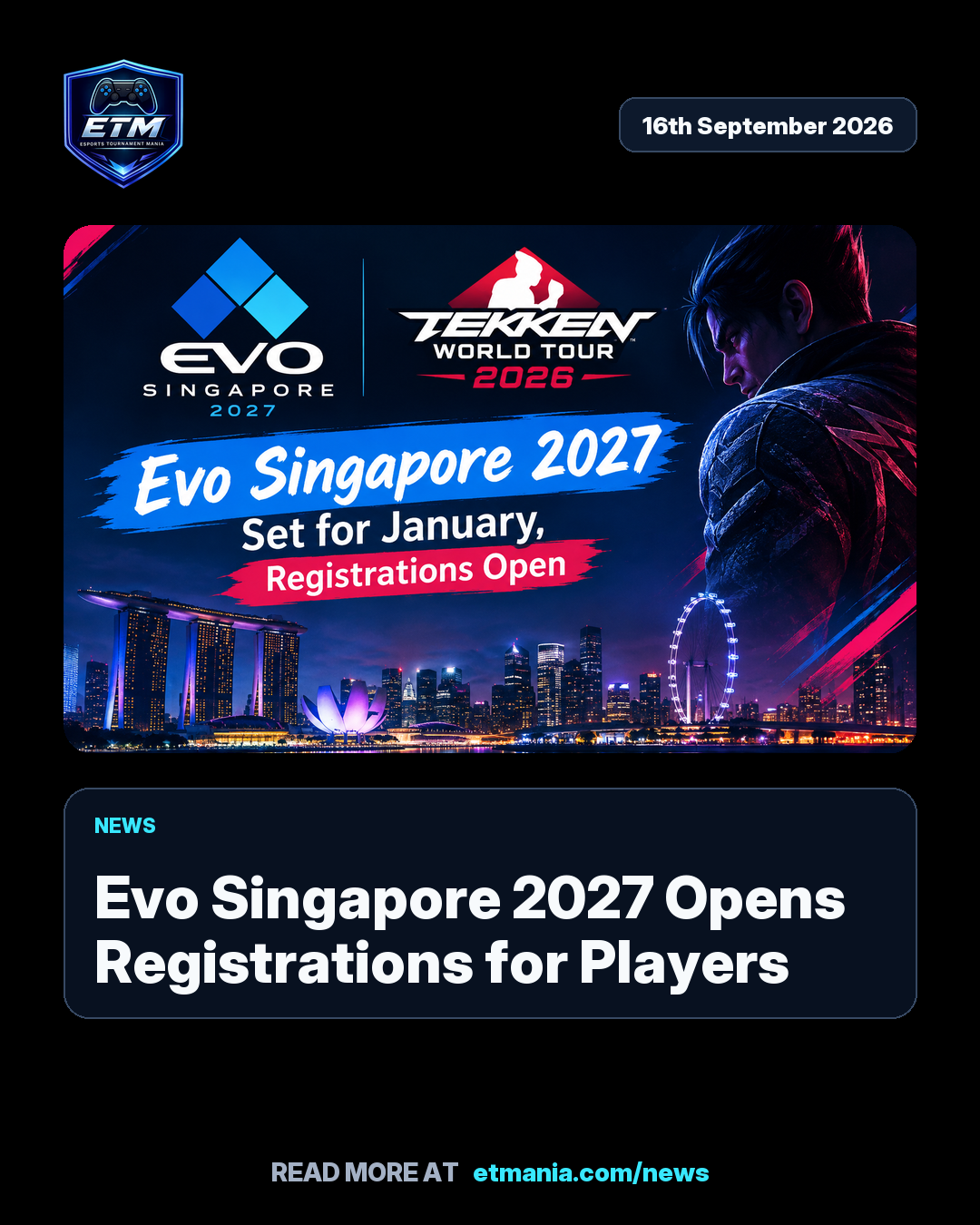ETM share card preview for Evo Singapore 2027 Opens Registrations for Players