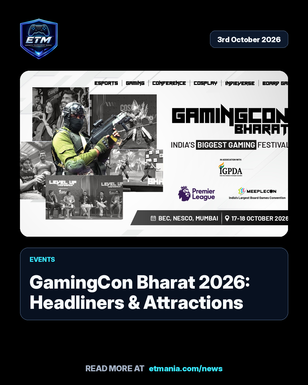 ETM share card preview for GamingCon Bharat 2026: Headliners & Attractions