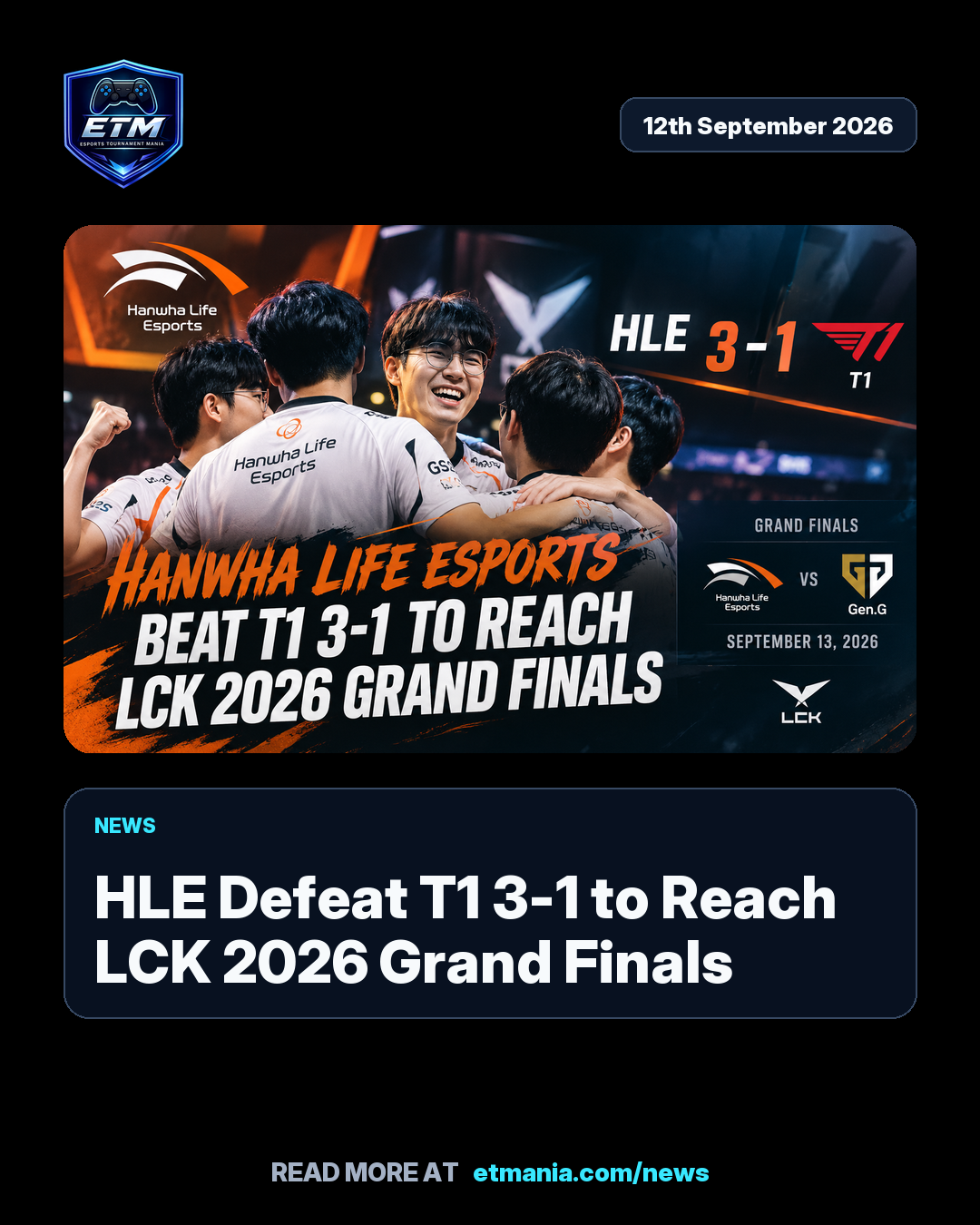 ETM share card preview for HLE Defeat T1 3-1 to Reach LCK 2026 Grand Finals