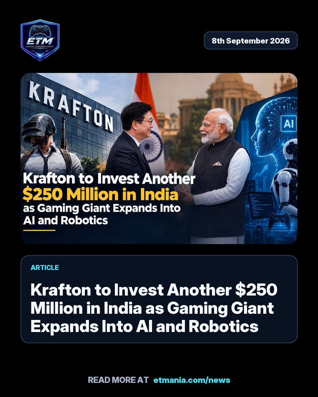 ETM share card preview for Krafton to Invest Another $250 Million in India as Gaming Giant Expands Into AI and Robotics