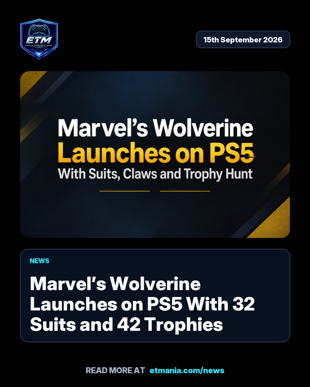 ETM share card preview for Marvel’s Wolverine Launches on PS5 With 32 Suits and 42 Trophies