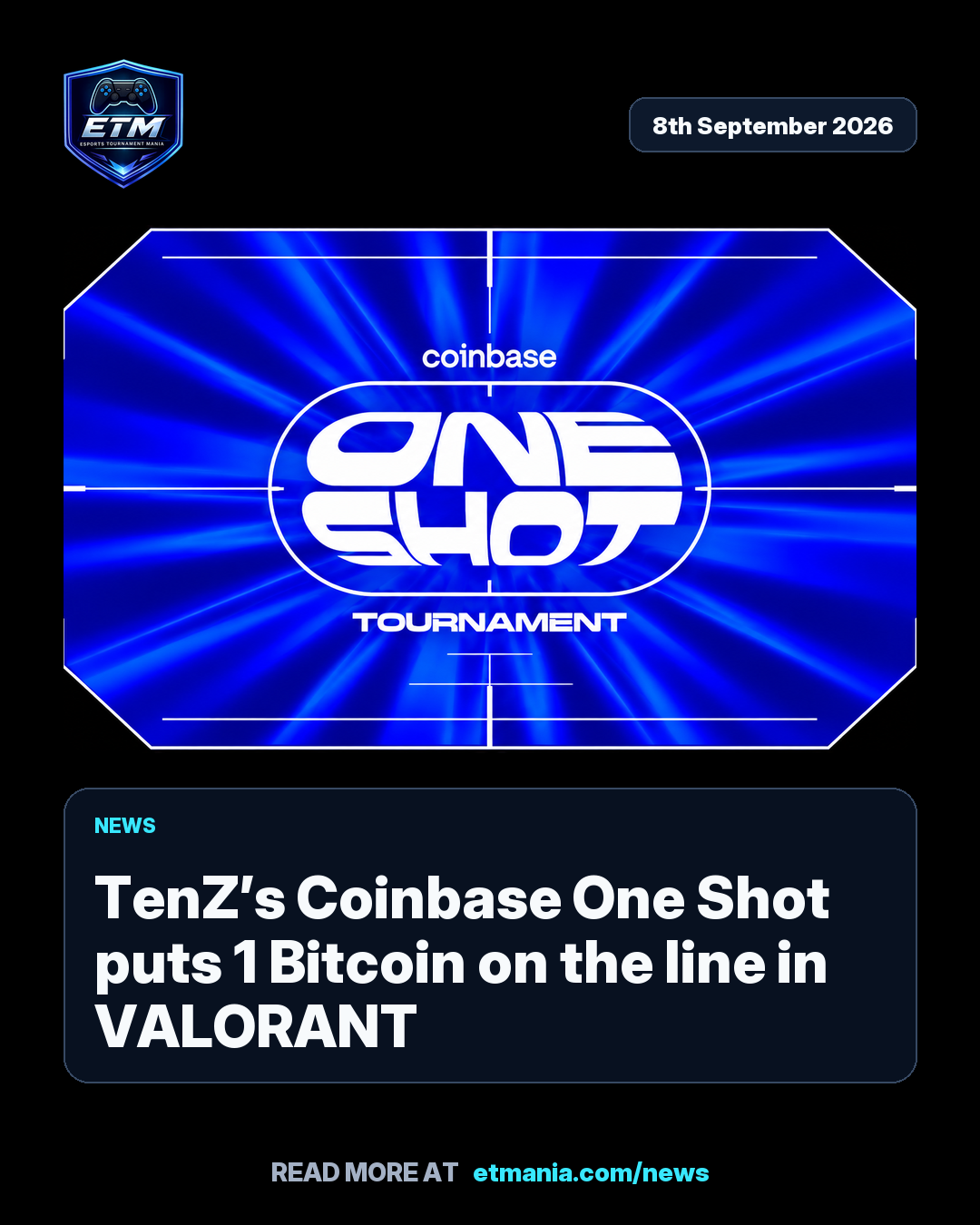 ETM share card preview for TenZ’s Coinbase One Shot puts 1 Bitcoin on the line in VALORANT