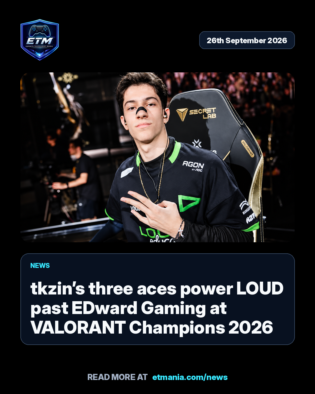 ETM share card preview for tkzin’s three aces power LOUD past EDward Gaming at VALORANT Champions 2026