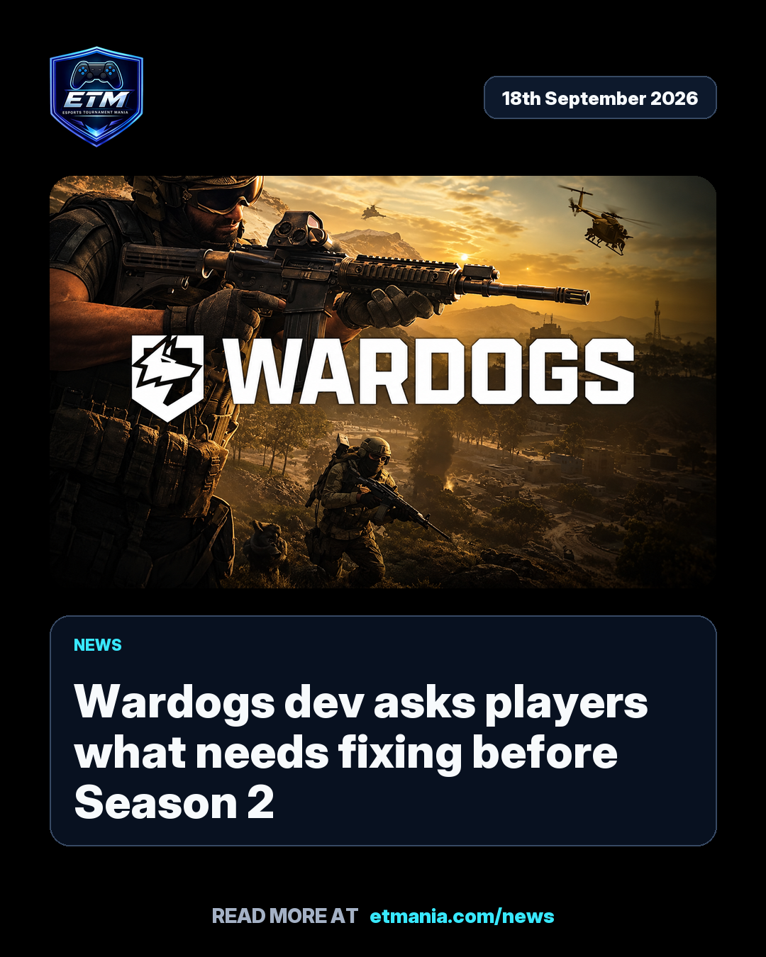 ETM share card preview for Wardogs dev asks players what needs fixing before Season 2